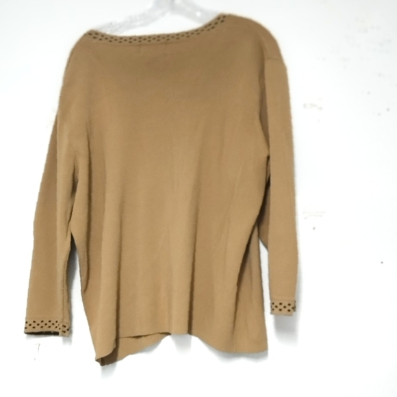 Tan Sweater with Polka Dot Trim - Picture 2 of 4